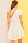 Main Strip Off white one shoulder dress with off white scalloped piping trim