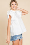 Jodifl Off white top with layered ruffle puff sleeves and eyelet details