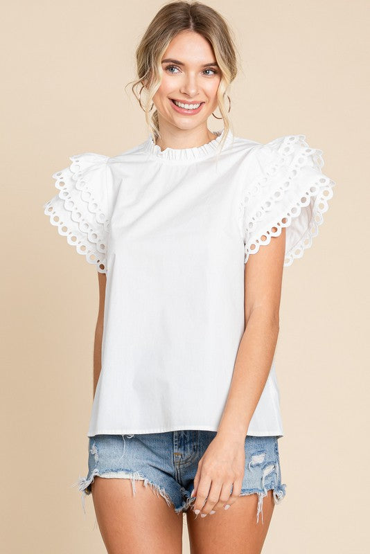 Jodifl Off white top with layered ruffle puff sleeves and eyelet details