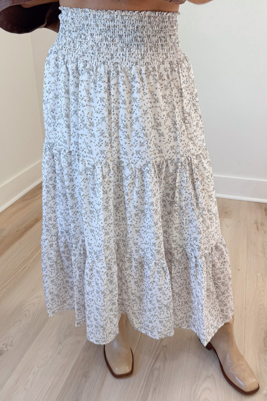 off white with taupe and dark olive floral print wide smocked elastic waist tiered midi skirt
