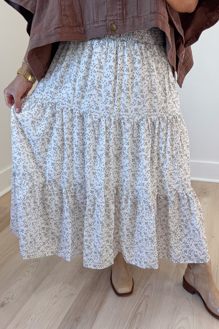 off white with taupe and dark olive floral print elastic waist tiered flowy fit midi skirt