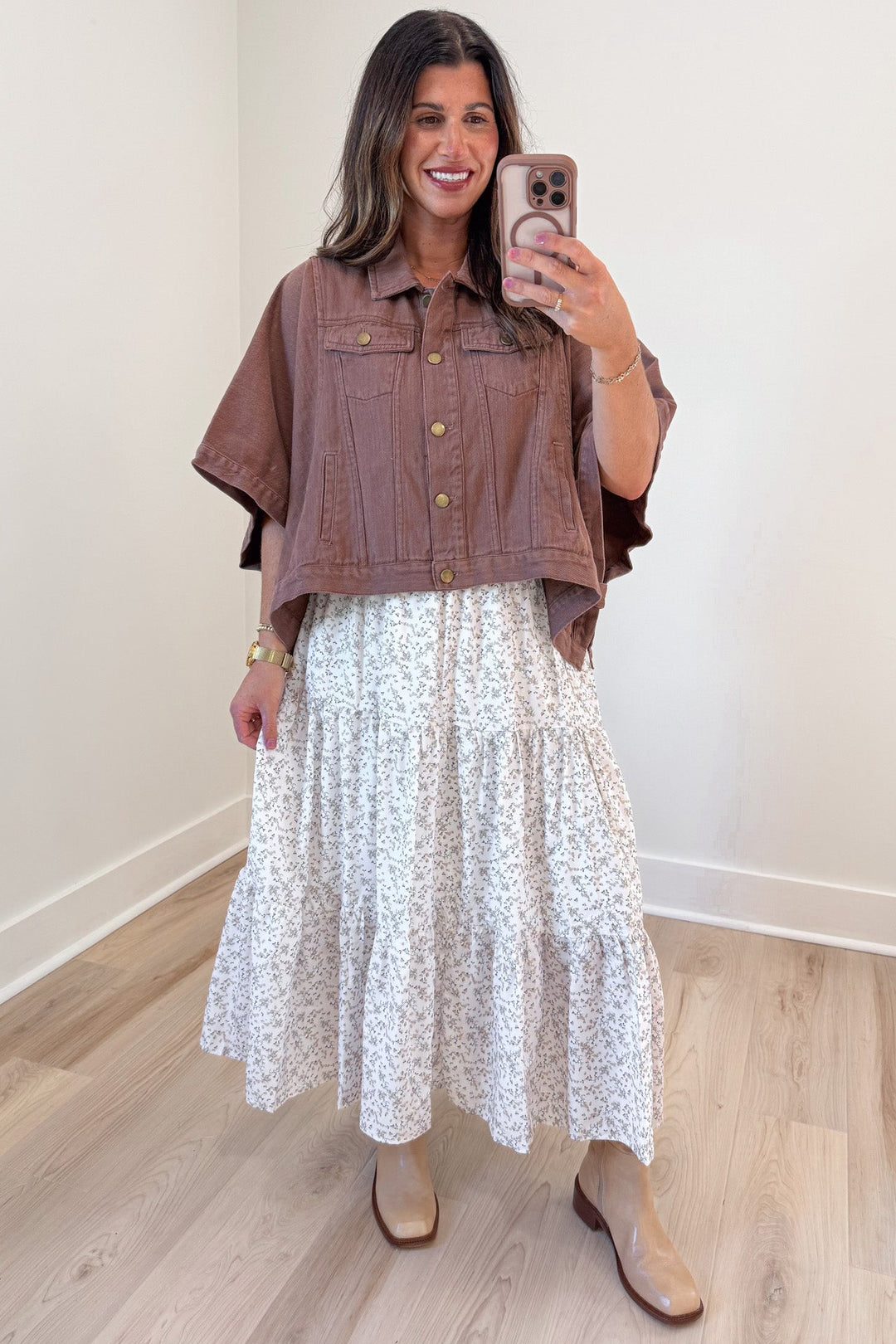 off white with taupe and dark olive floral print elastic waist tiered midi skirt