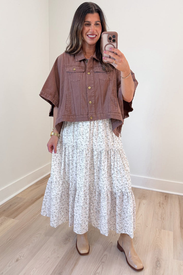 off white with taupe and dark olive floral print elastic waist tiered midi skirt
