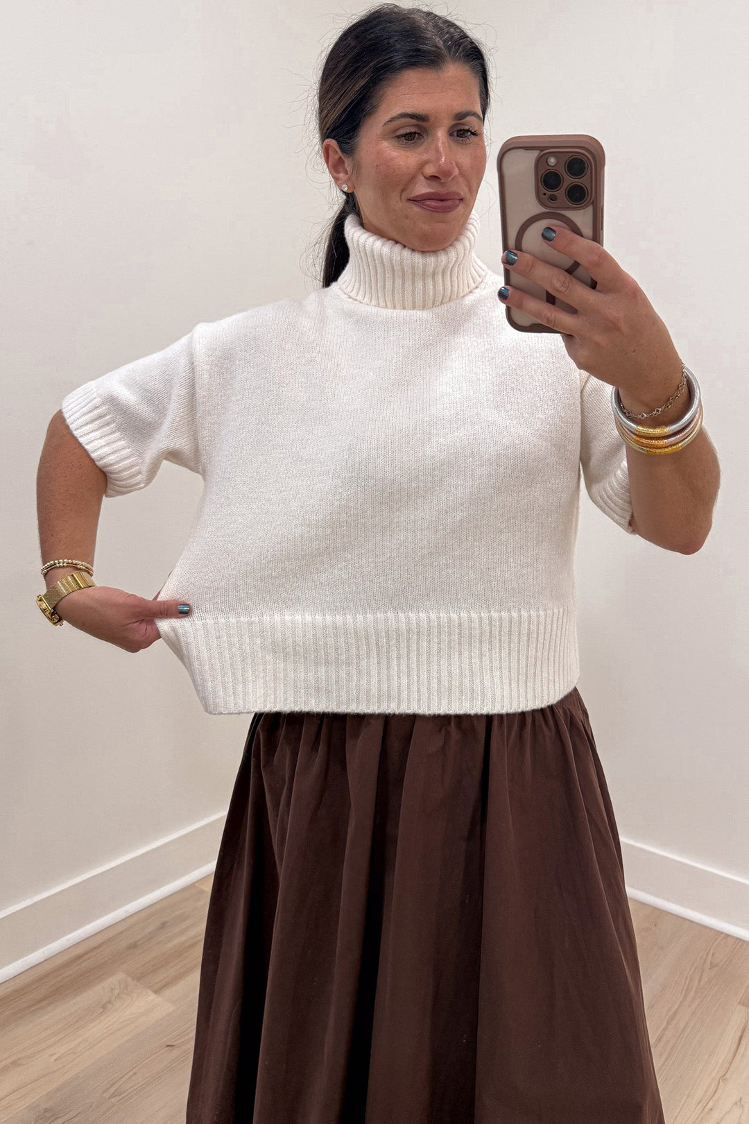 solid off-white turtleneck short sleeve relaxed fit semi-cropped knit sweater top