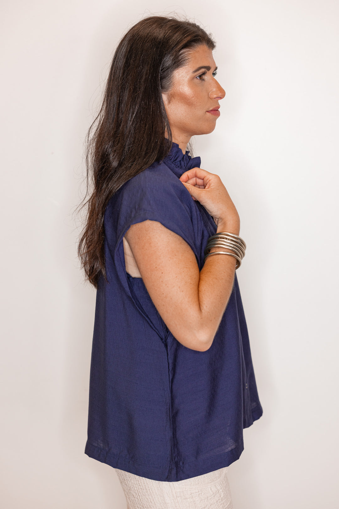 women's navy linen blouse