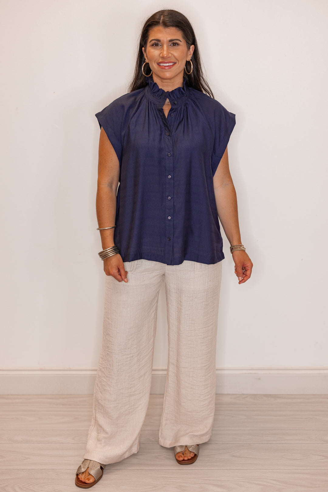 women's navy linen blouse