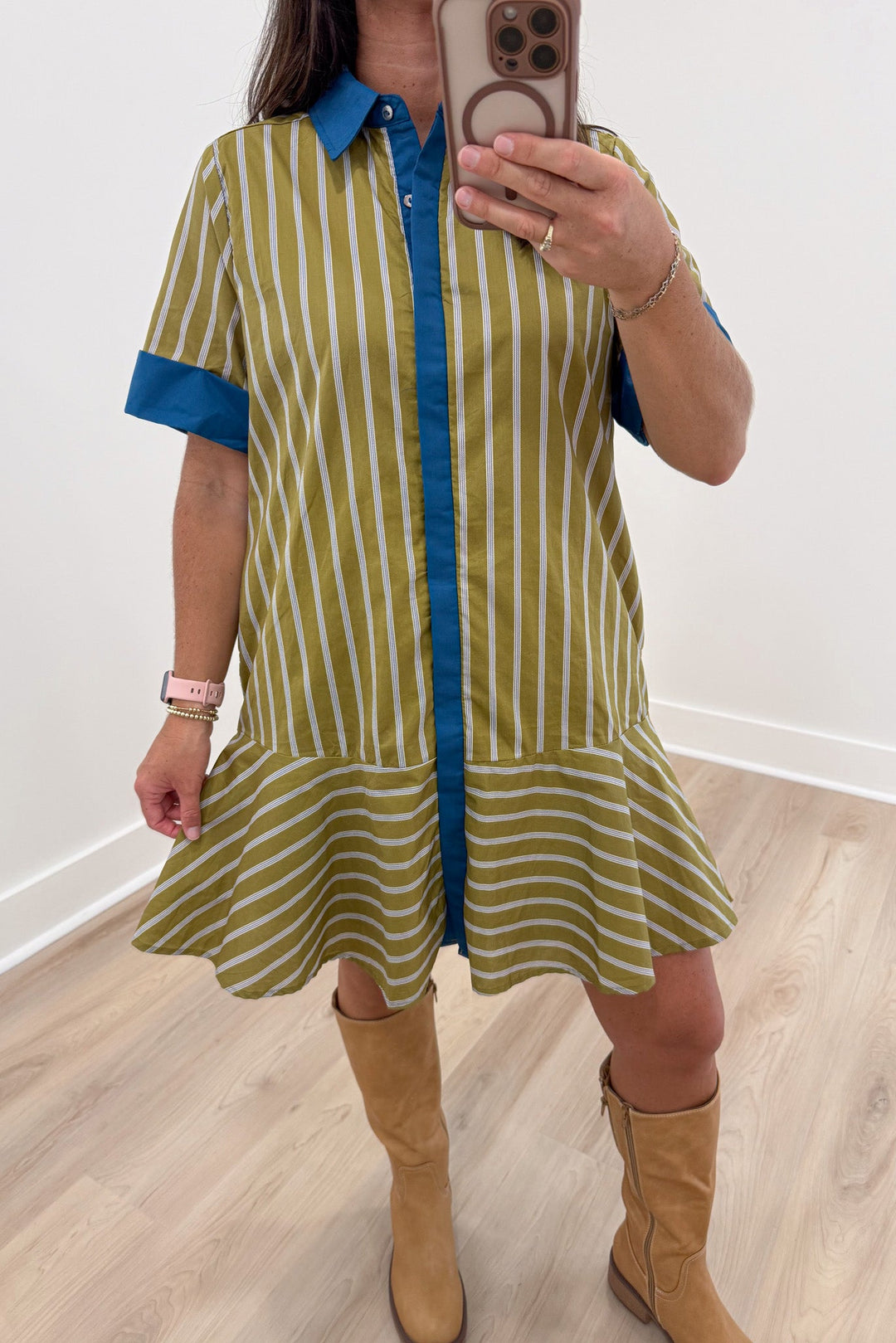 light olive green blue and cream striped cuffed short sleeve button front tiered hem short dress