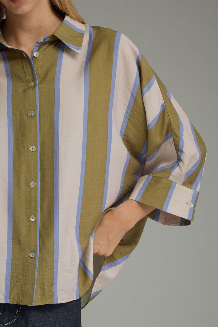 Entro olive, cream and blue striped dolman top with button front and collar