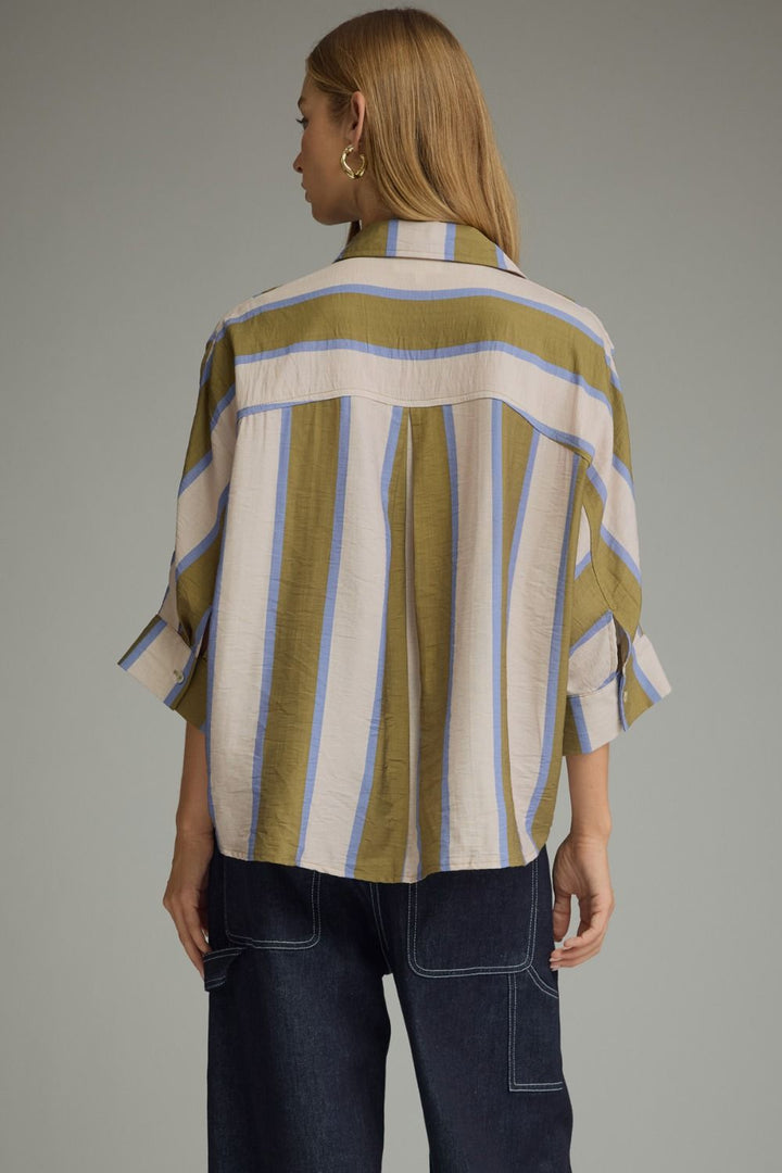 Entro olive, cream and blue striped button down top with tiered detail in back