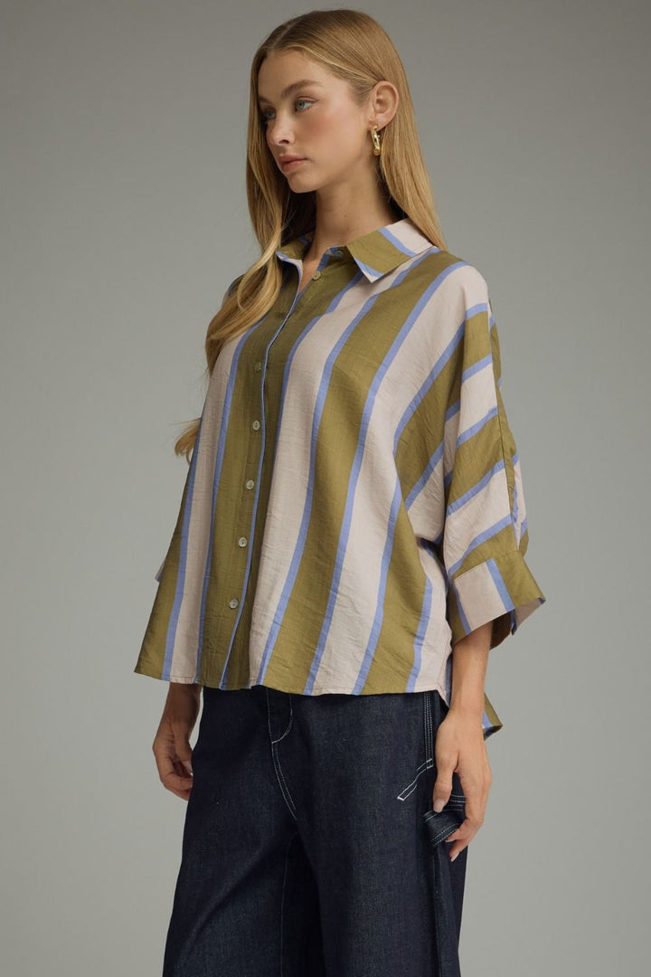 Entro olive, cream and blue striped button down top with dolman sleeves