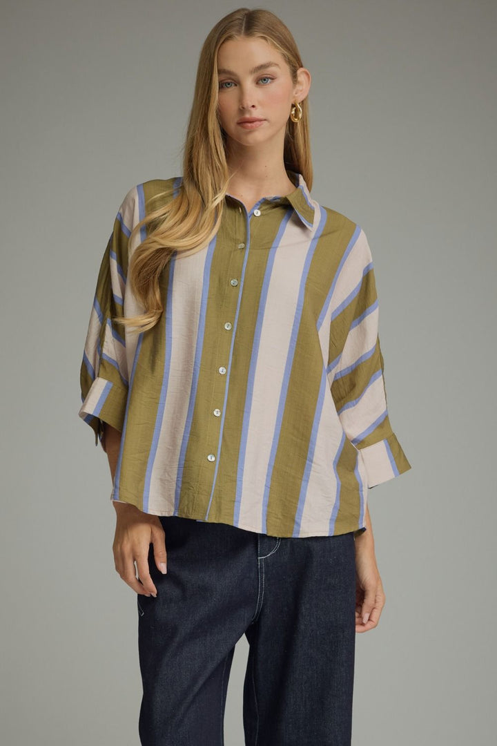 Entro olive, cream and blue striped button down top