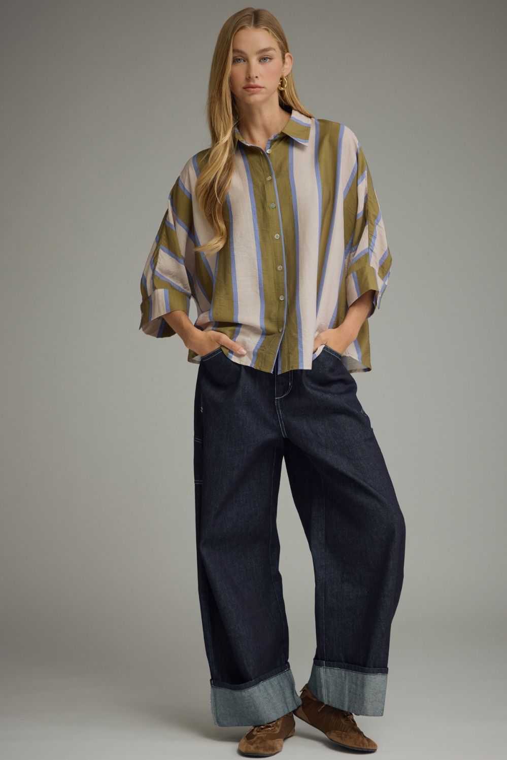 Entro olive, cream and blue striped button down top with collar