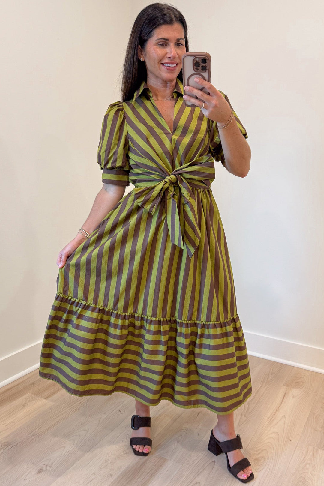 light olive green and brown striped puff sleeve ruffled hem relaxed silhouette cotton poplin midi dress