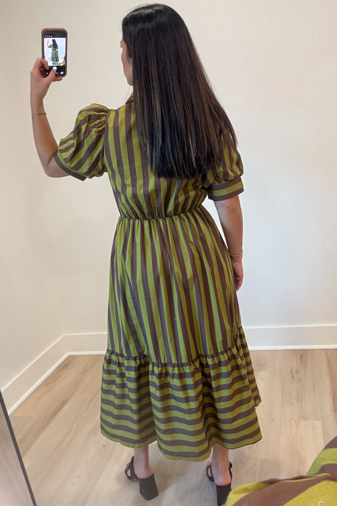 light olive green and brown striped puff sleeve ruffled hem tiered cotton poplin midi dress