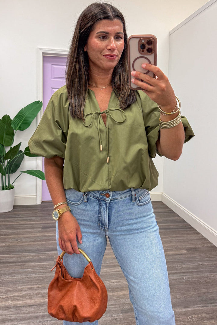 solid olive green self-tie v neckline bubble hem semi-cropped top