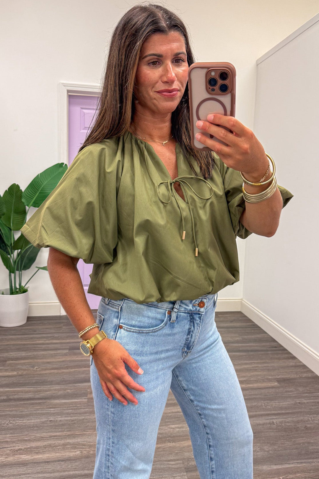 solid olive green self-tie v neckline bubble hem short puff sleeve semi-cropped top