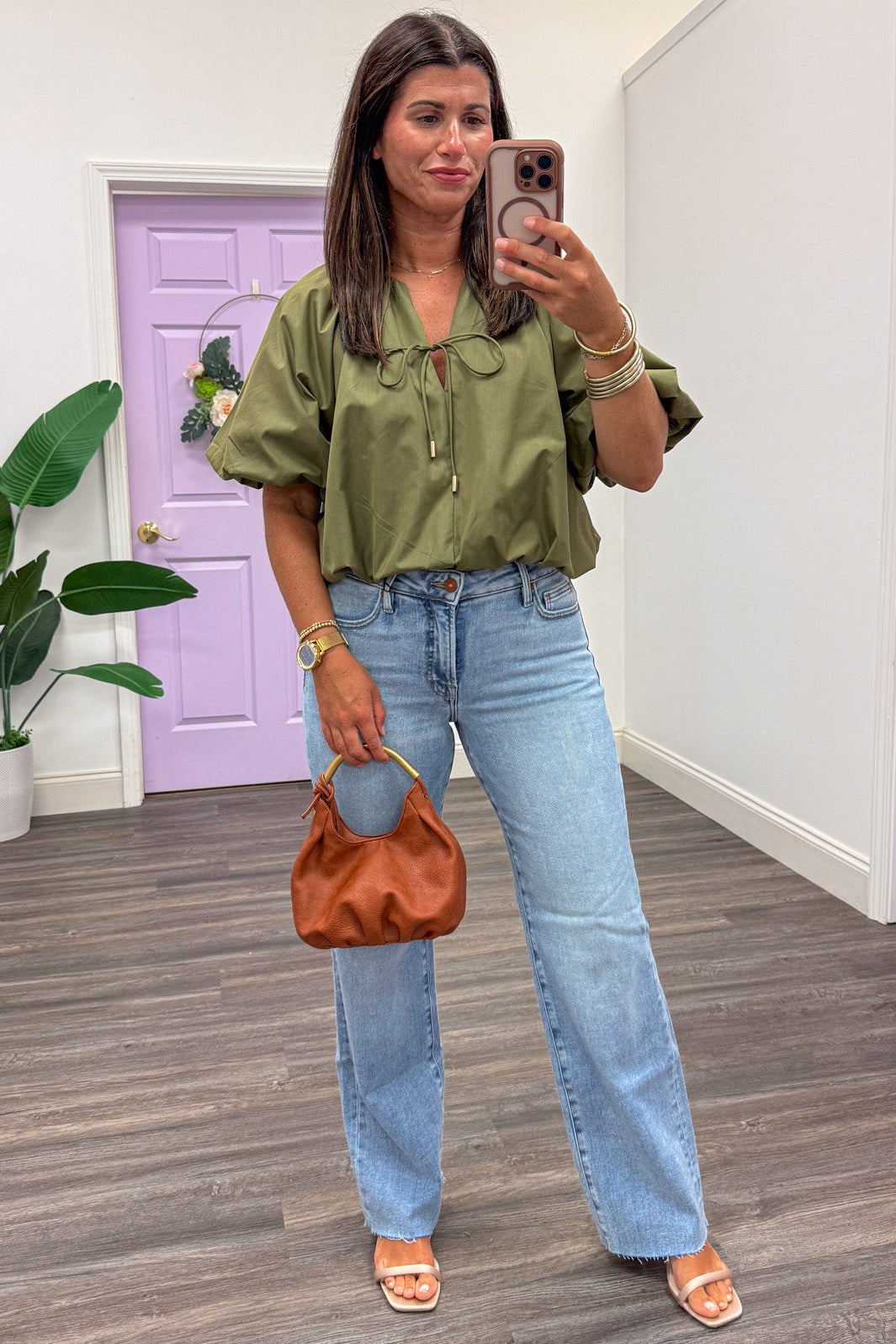 solid olive green adjustable self-tie v neckline bubble hem semi-cropped top