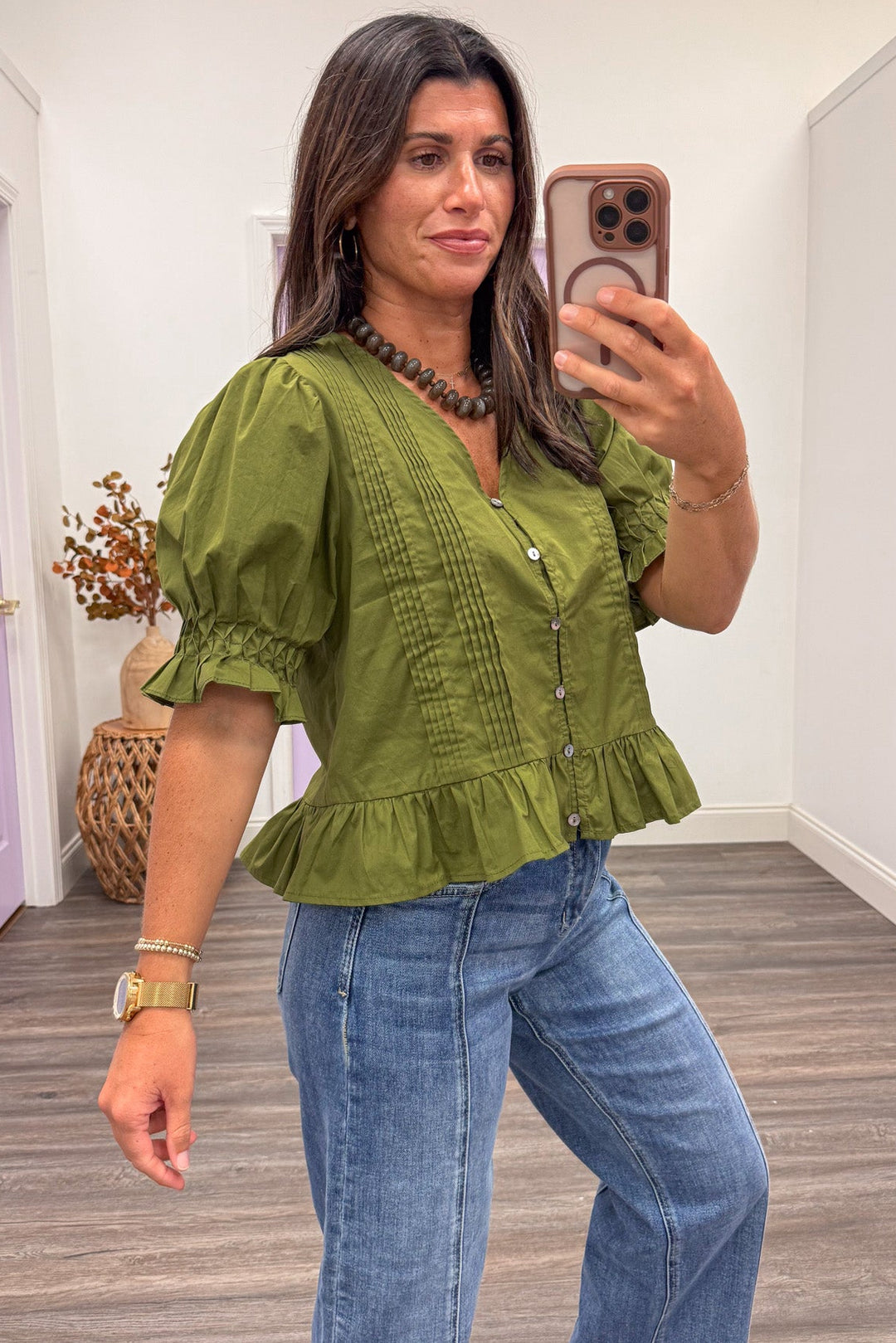 solid olive green button front puff sleeve peplum style semi-cropped cotton poplin top