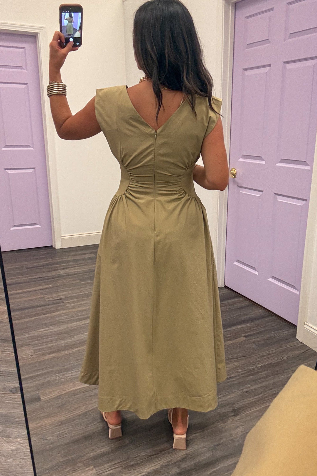 olive cinched waist midi event wear dress back view