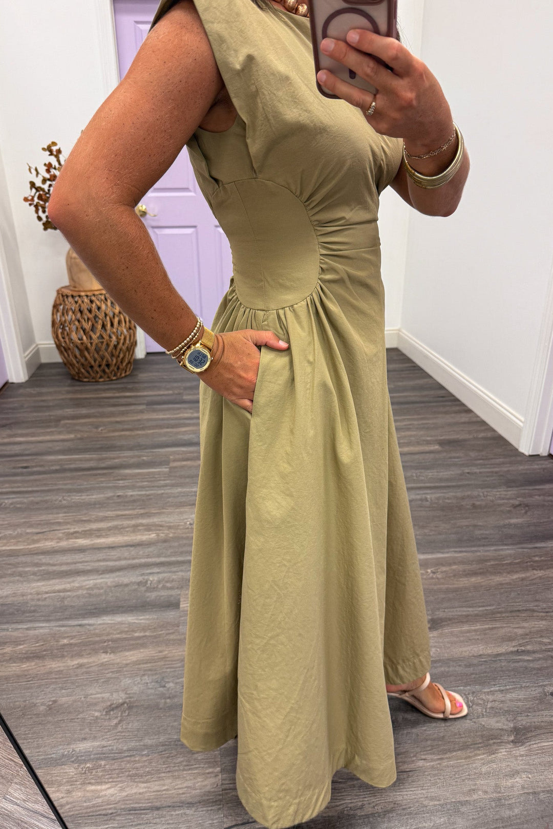 olive cinched waist midi event wear dress with pockets