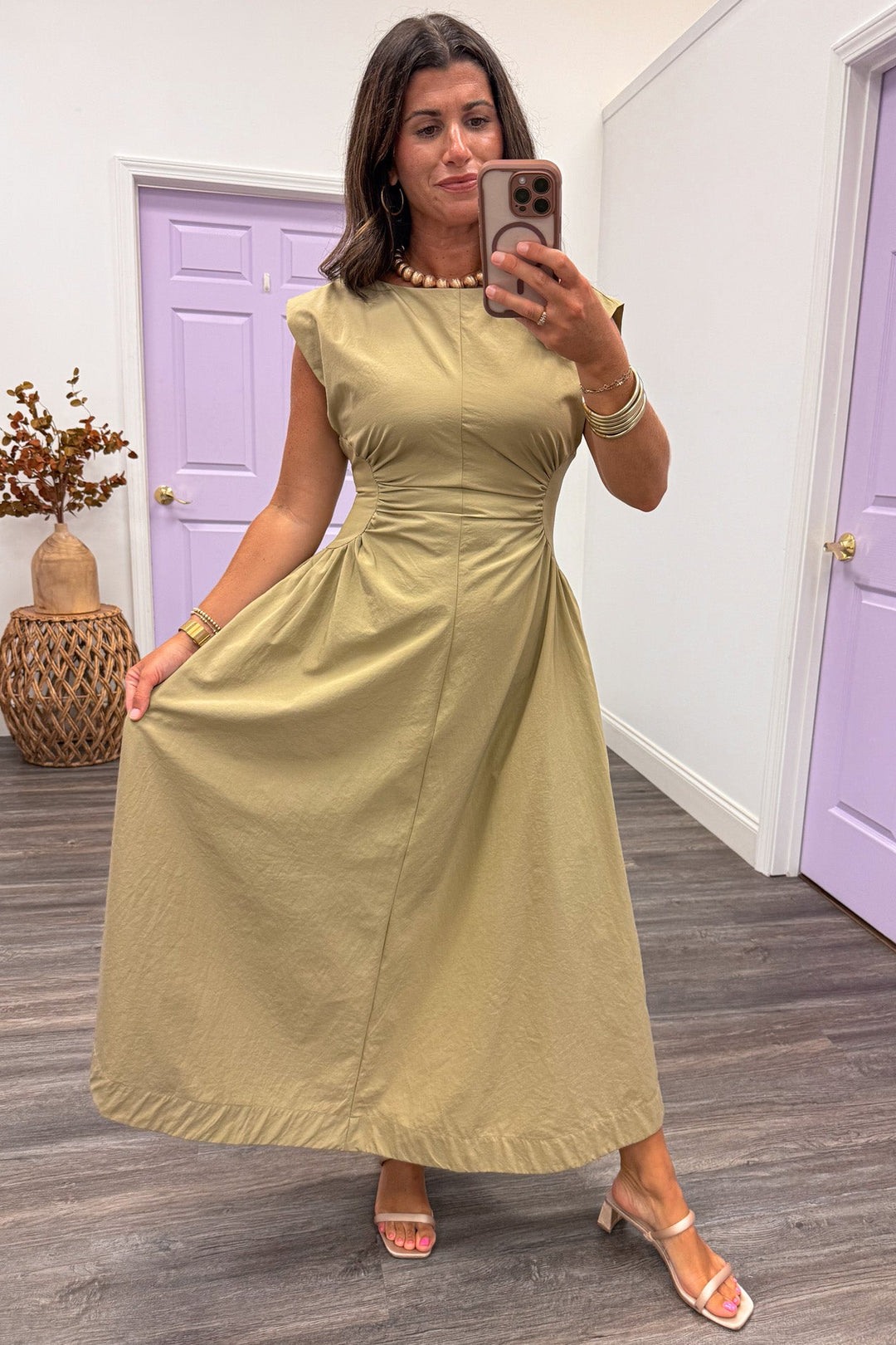 olive cinched waist event wear dress