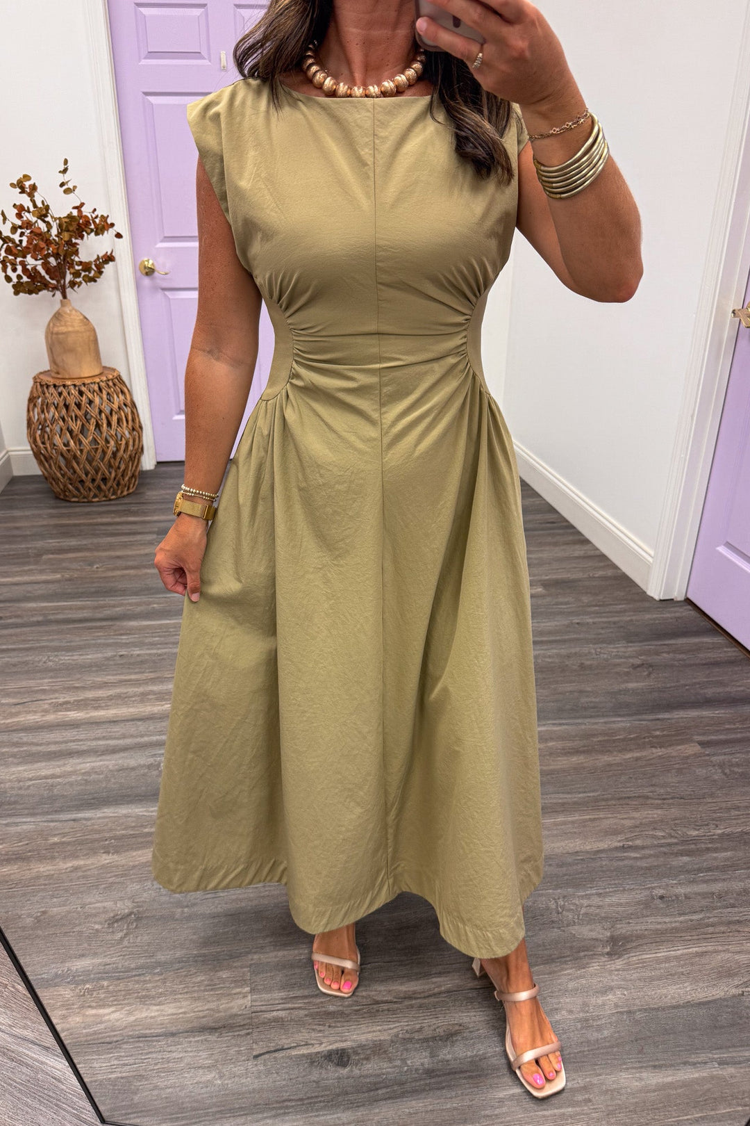 olive cinched waist midi event wear dress
