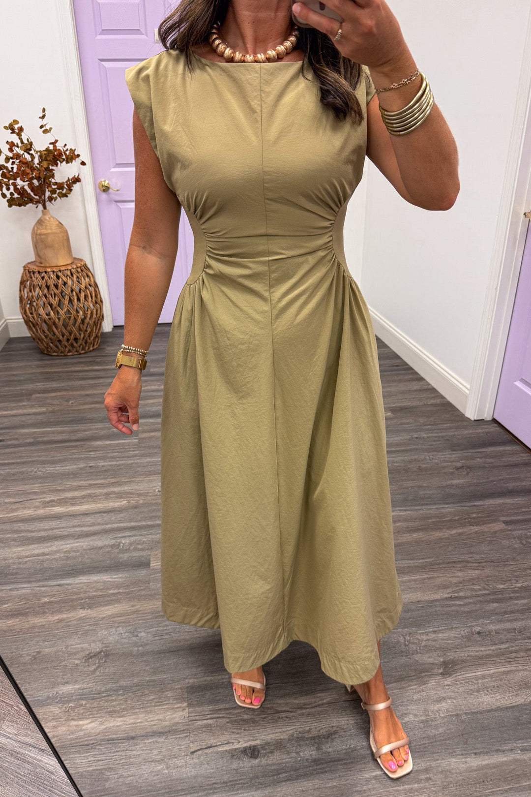 olive cinched waist midi event dress