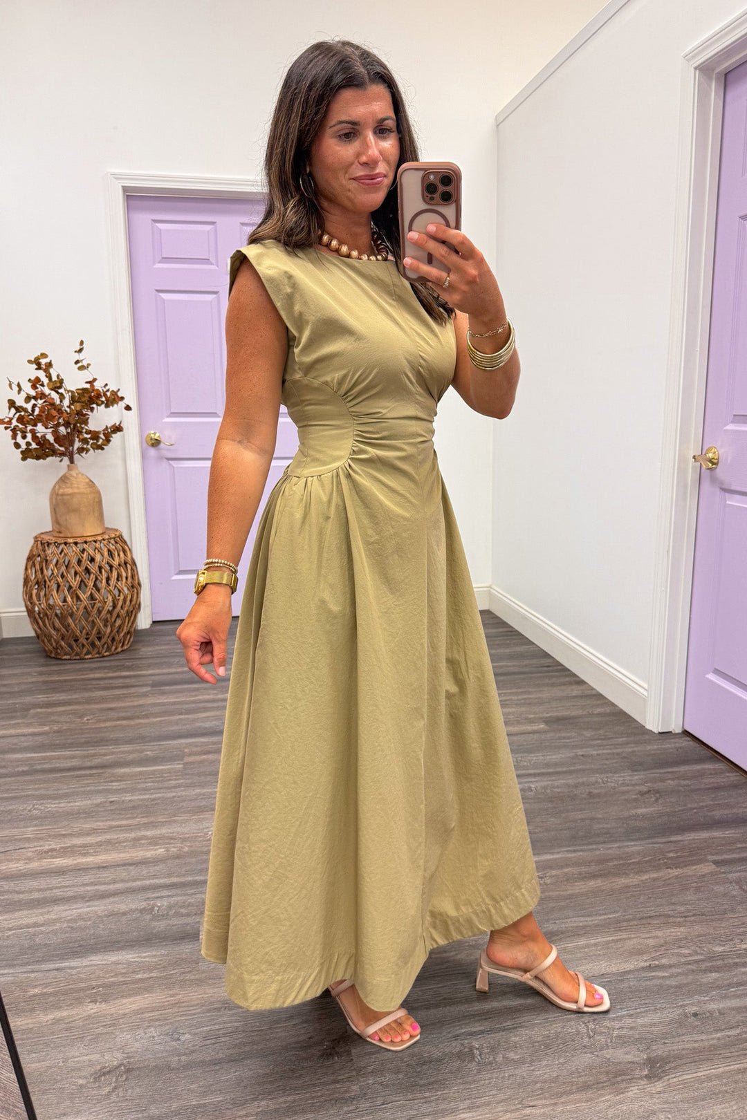 olive cinched waist long event wear dress
