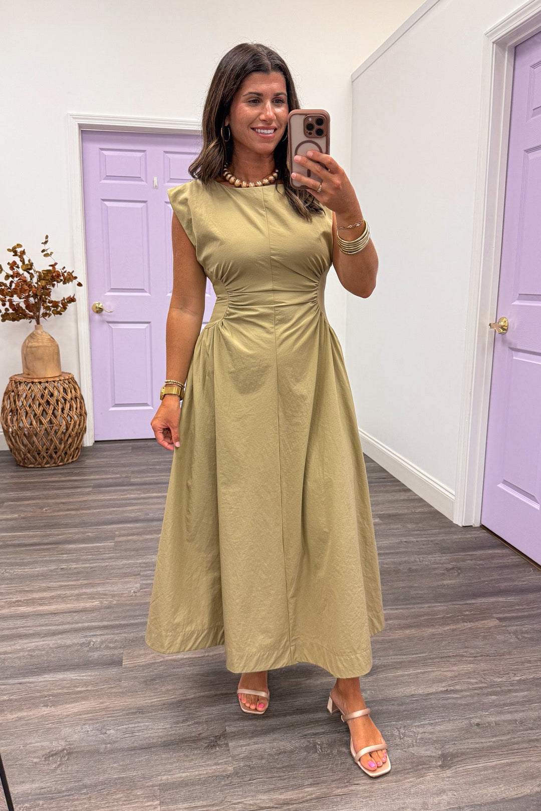 olive cinched waist midi event wear dress