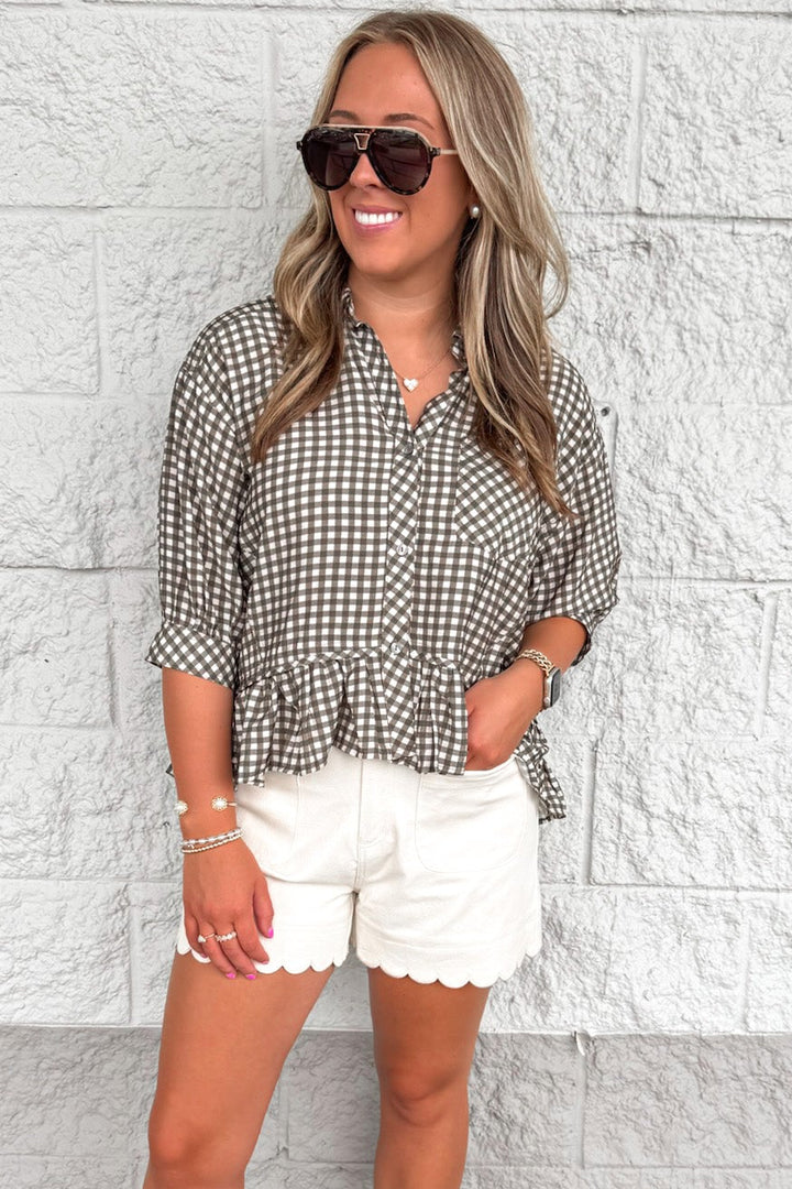 dark olive and cream gingham checkered print button front half sleeve peplum top