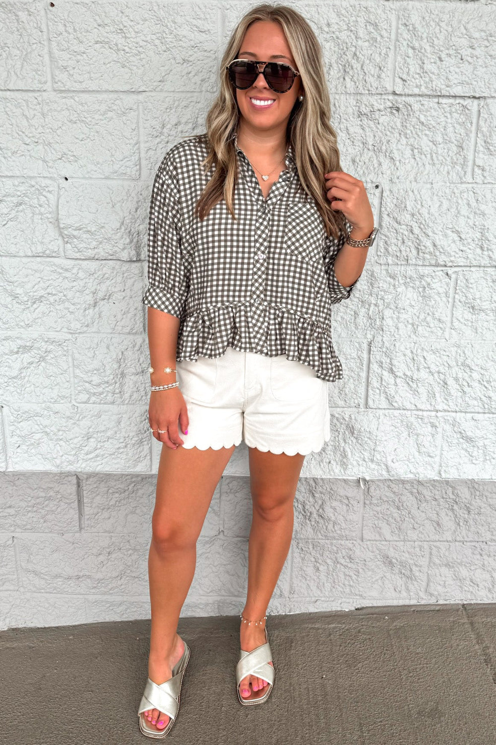 dark olive and cream gingham checkered print button front semi-cropped peplum top