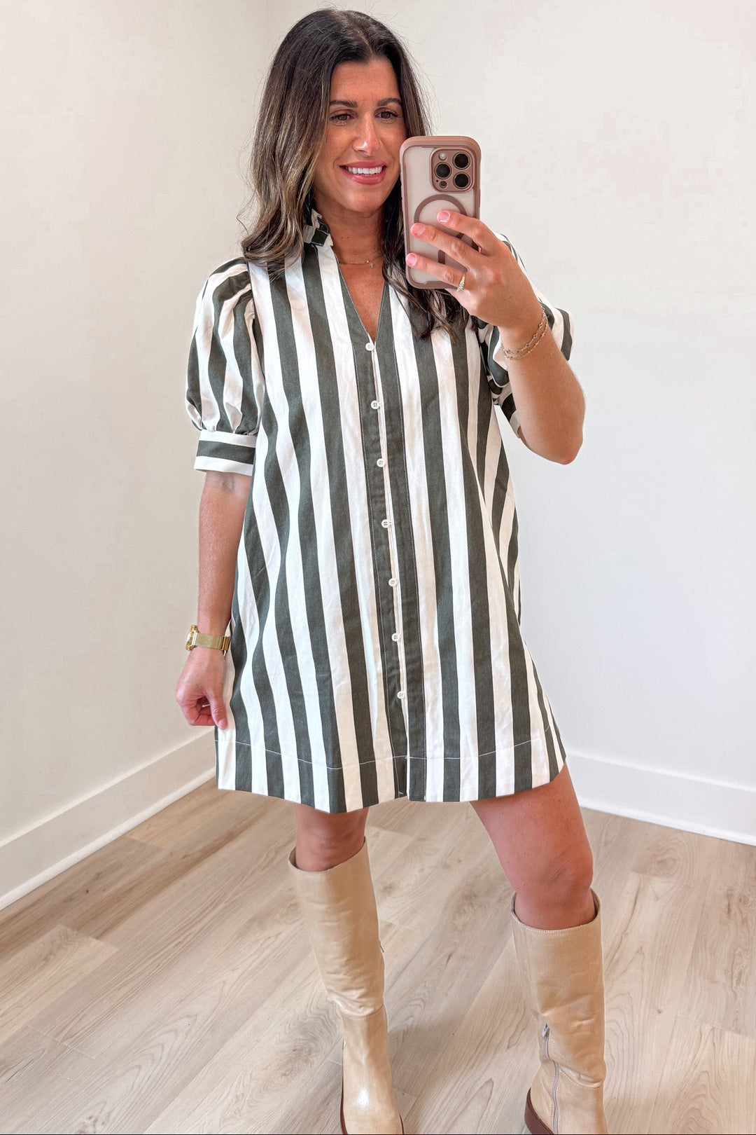 olive green and cream vertical striped short sleeve v neckline button down denim mini dress