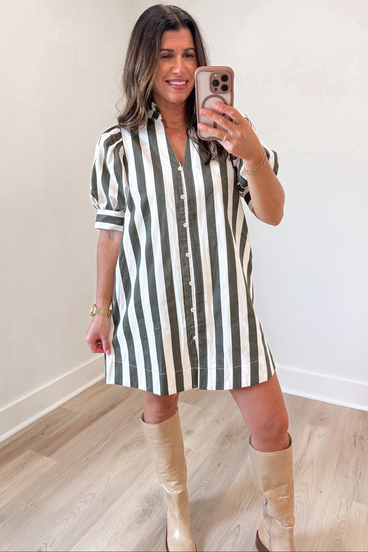 olive green and cream vertical striped short sleeve v neckline button down denim mini dress
