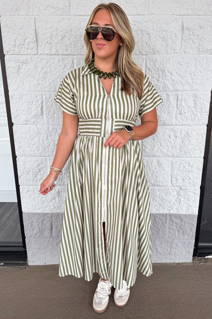 olive green and cream striped zipper front closure short sleeve cotton poplin midi dress