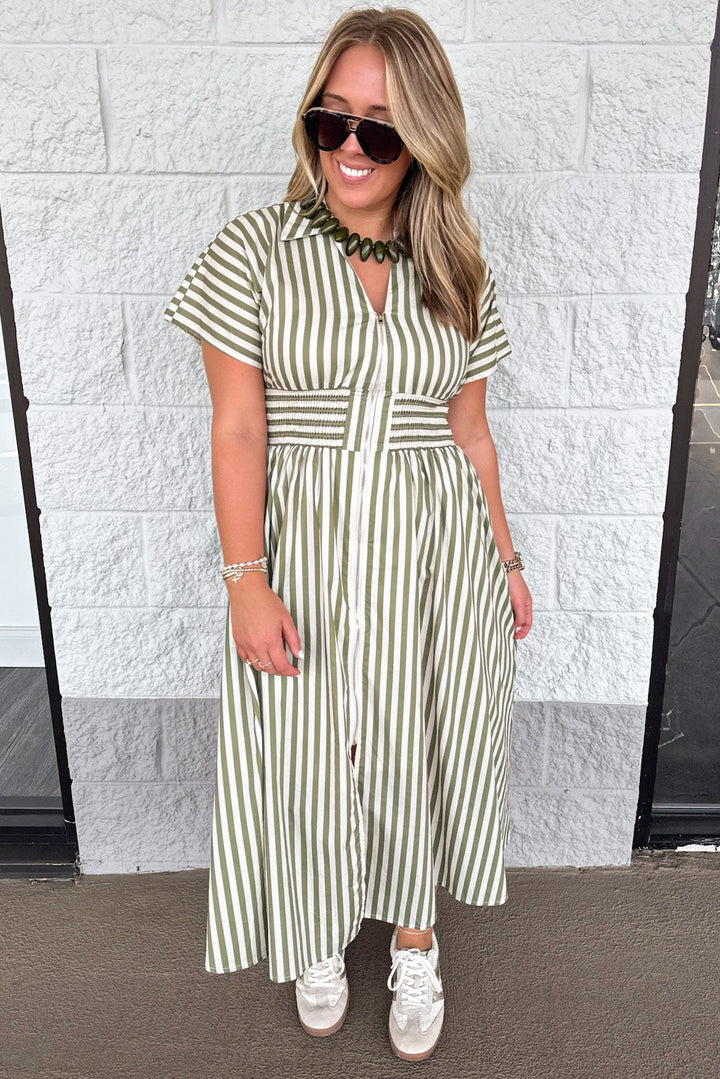 olive green and cream striped zipper front closure smocked waist short sleeve midi dress