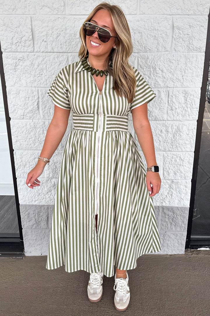 olive green and cream striped zipper front closure short sleeve midi dress with flowy skirt