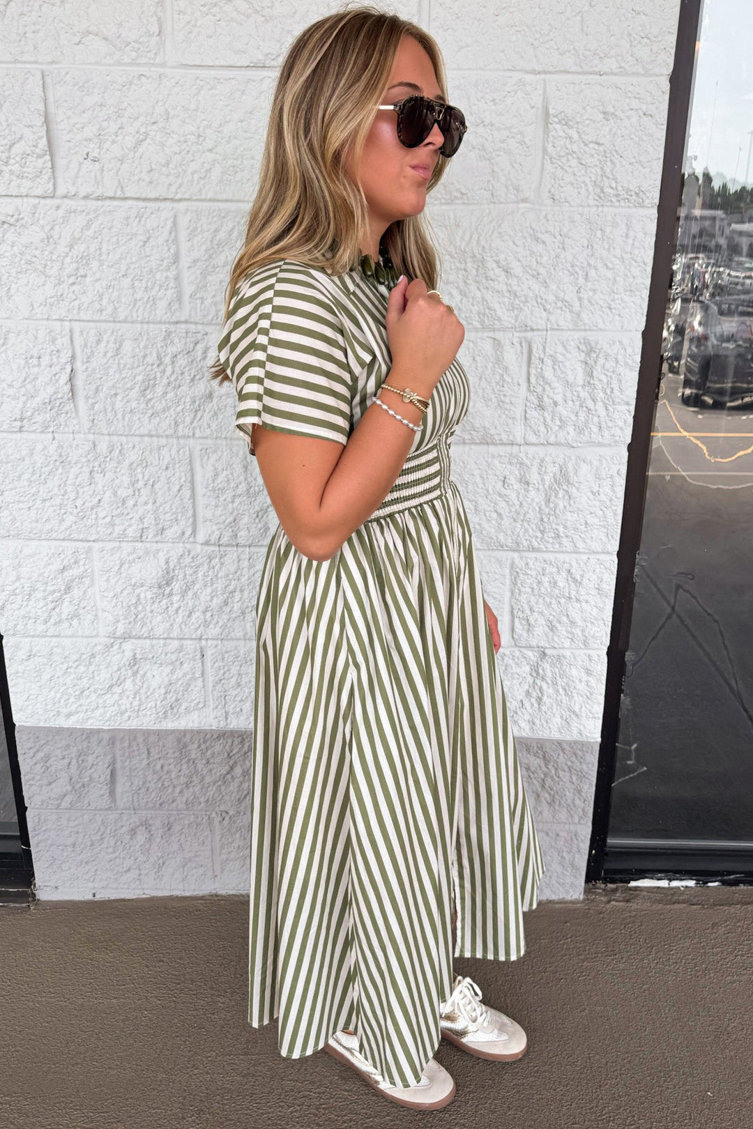 olive green and cream striped collared neckline zipper front closure short sleeve midi dress