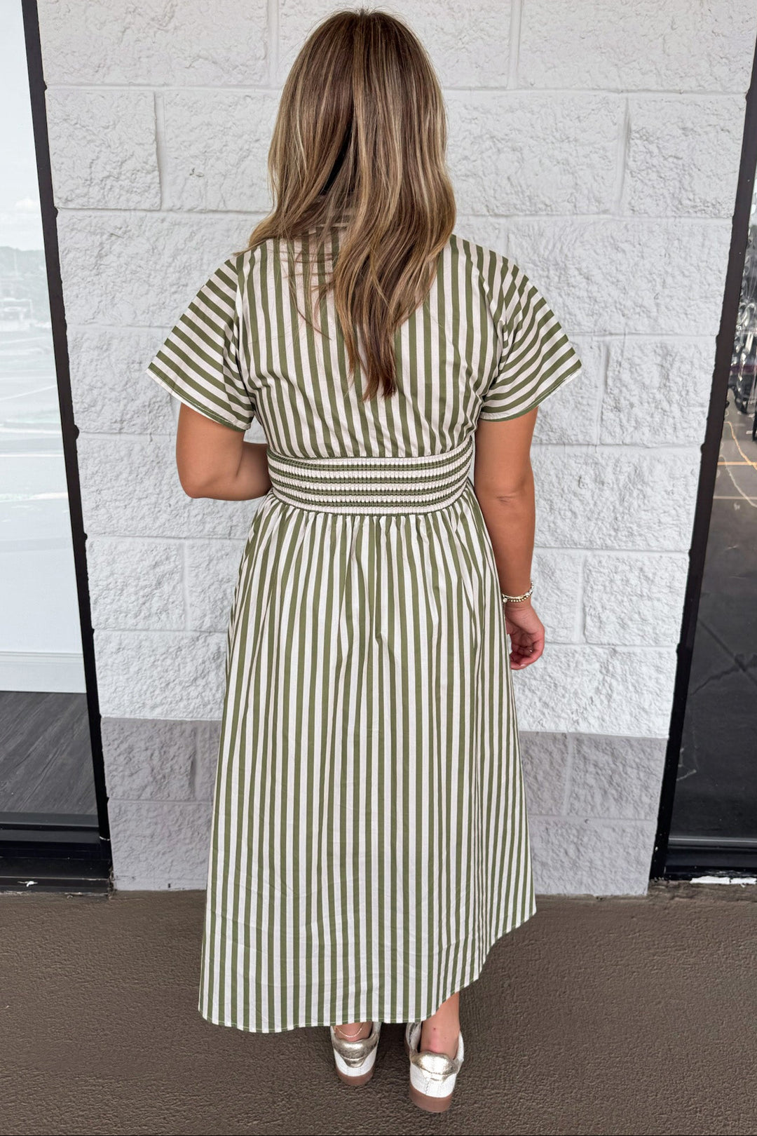 olive green and cream striped zipper front closure short sleeve midi dress with front hem slit