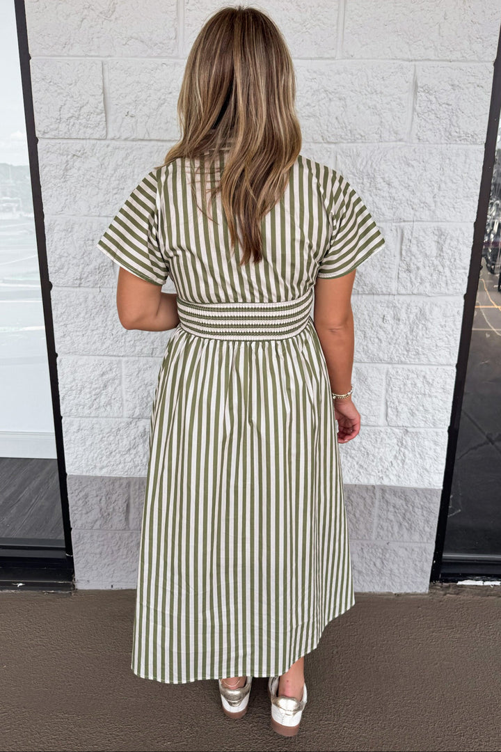 olive green and cream striped zipper front closure short sleeve midi dress with front hem slit