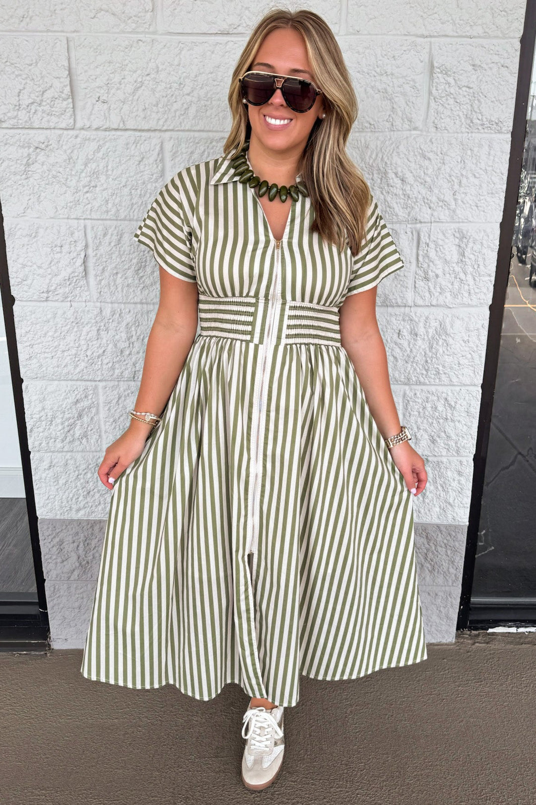 olive green and cream striped zipper front closure short sleeve midi dress