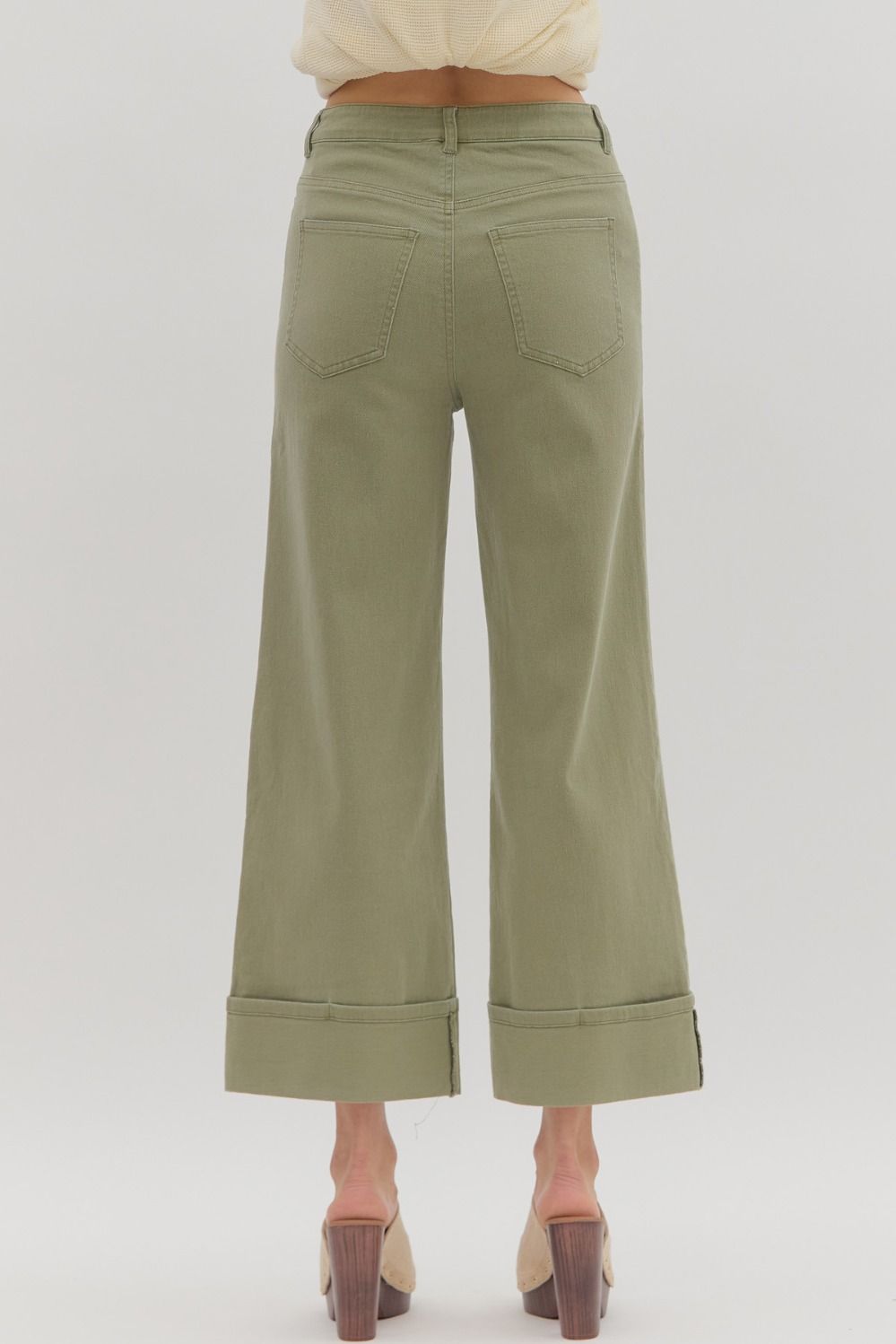 Women's washed olive green twill denim cropped ankle pants by Entro showing back view