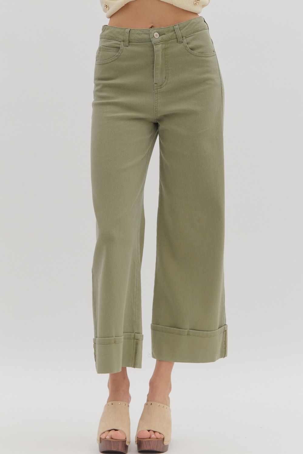 Women's washed olive green twill denim cropped ankle pants by Entro