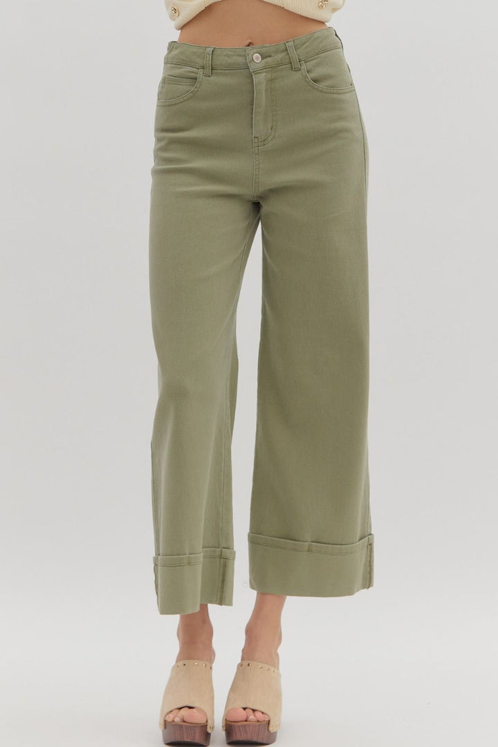 Women's washed olive green twill denim cropped ankle pants by Entro