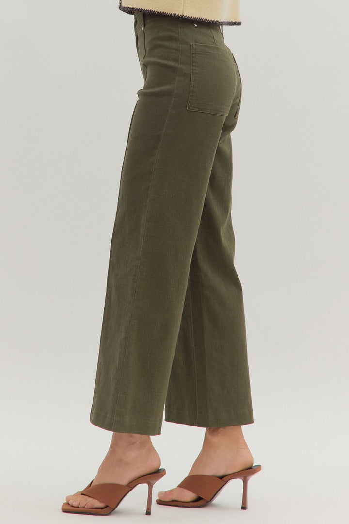 Women's olive denim cropped pants with pintuck seam detail by Entro showing side view