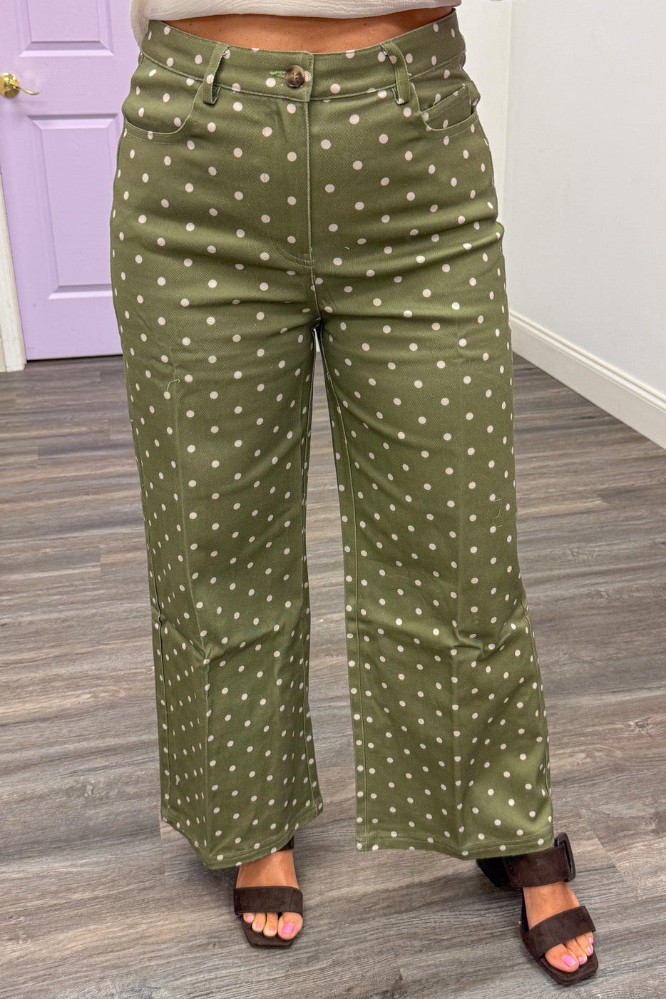 olive green with ecru polka dot print wide leg lightweight twill denim pants with button zipper closure