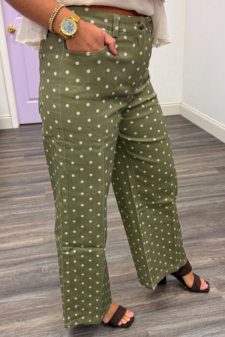 olive green with ecru polka dot print wide leg lightweight twill denim pants with front pockets