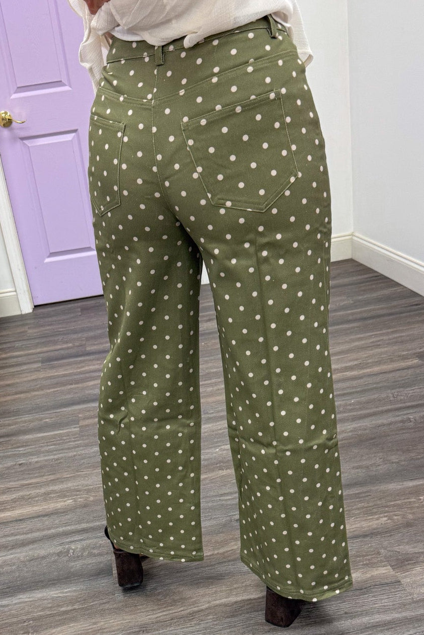 olive green with ecru polka dot print wide leg lightweight twill denim pants with back pockets