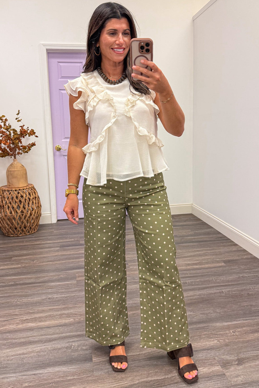 olive green with ecru polka dot print wide leg lightweight twill denim pants