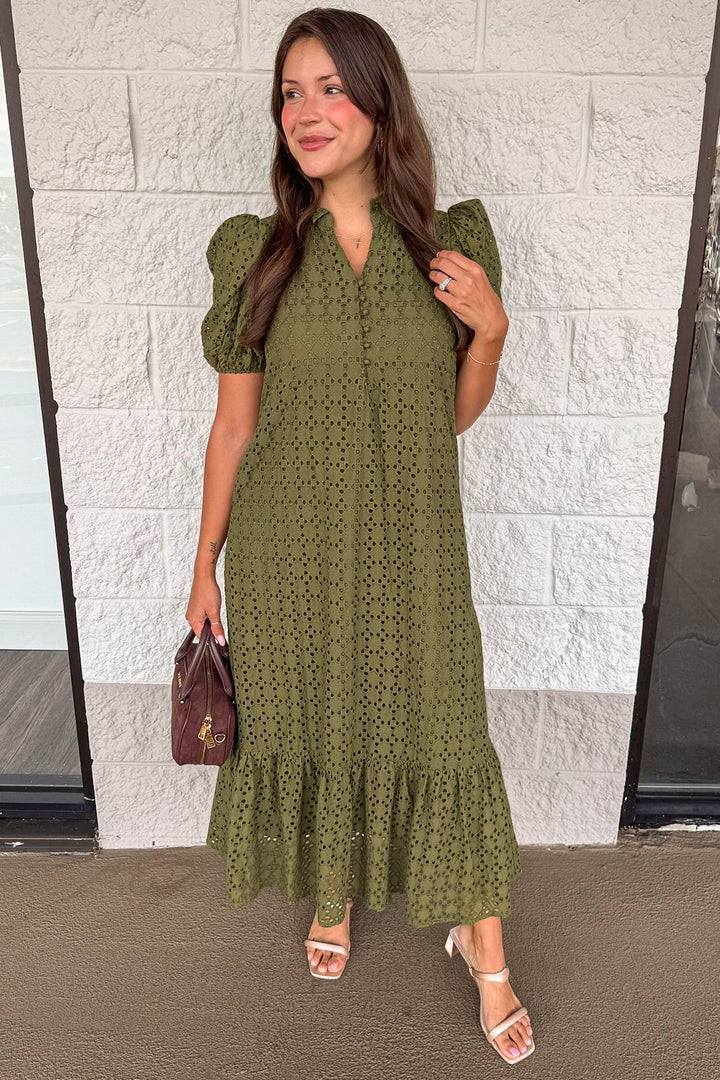 solid olive green embroidered eyelet details short sleeve button bodice cotton maxi dress