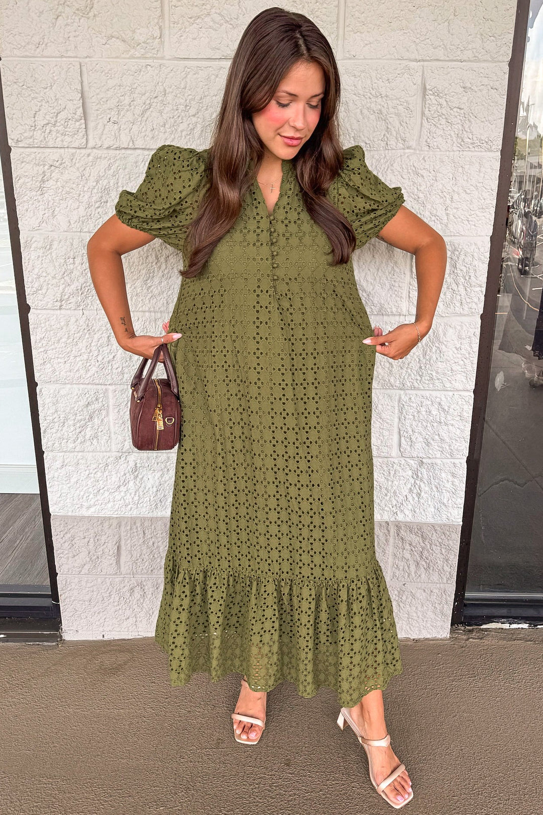 solid olive green embroidered eyelet details short sleeve relaxed silhouette cotton maxi dress